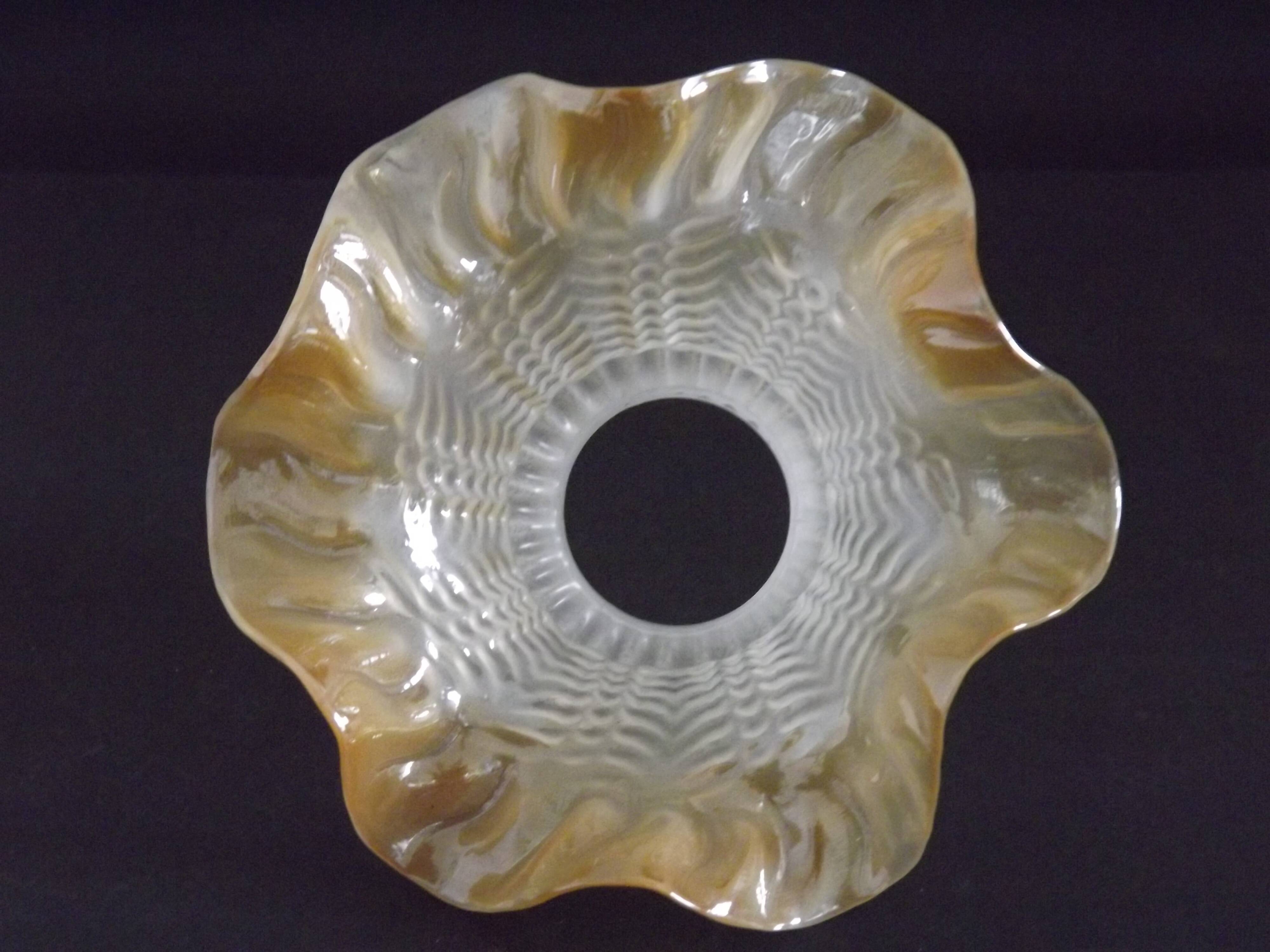Vintage French Opaque White Glass Replacement Shade with Frilled Amber Edge