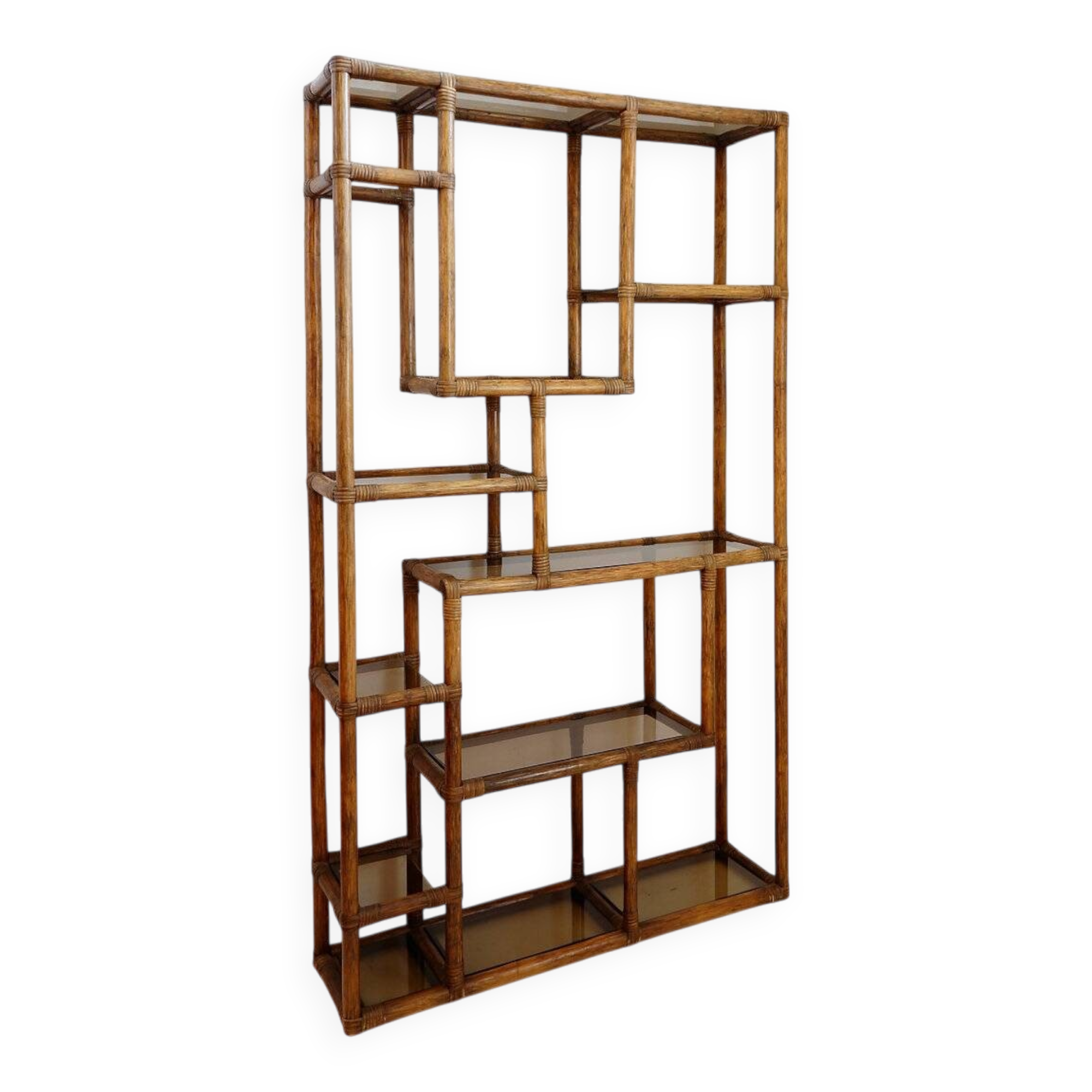 Asymmetrical bamboo and smoked glass shelf - 1970s