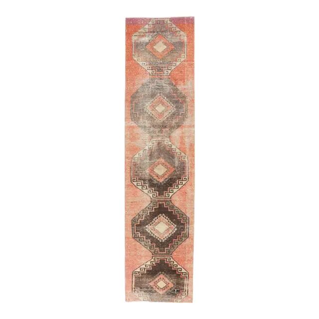 1960s orange geometric Turkish hand-knotted runner rug 81x337