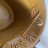 Old Oval Enameled Stoneware Dish with Wild Boar and Mushroom Hunting Motif