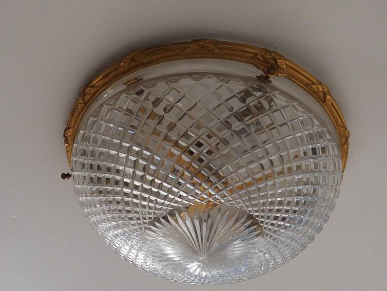 Bronze Cut Glass Ceiling Light: Mid-Century French Louis XVI Ceiling Lamp