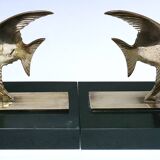 Pair of designer black marble bronze fish bookends