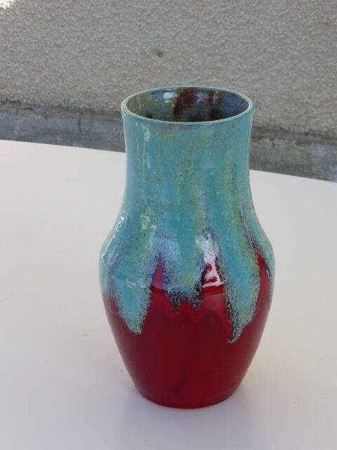 An emailed ceramic vase in turquoise and red, design and vintage