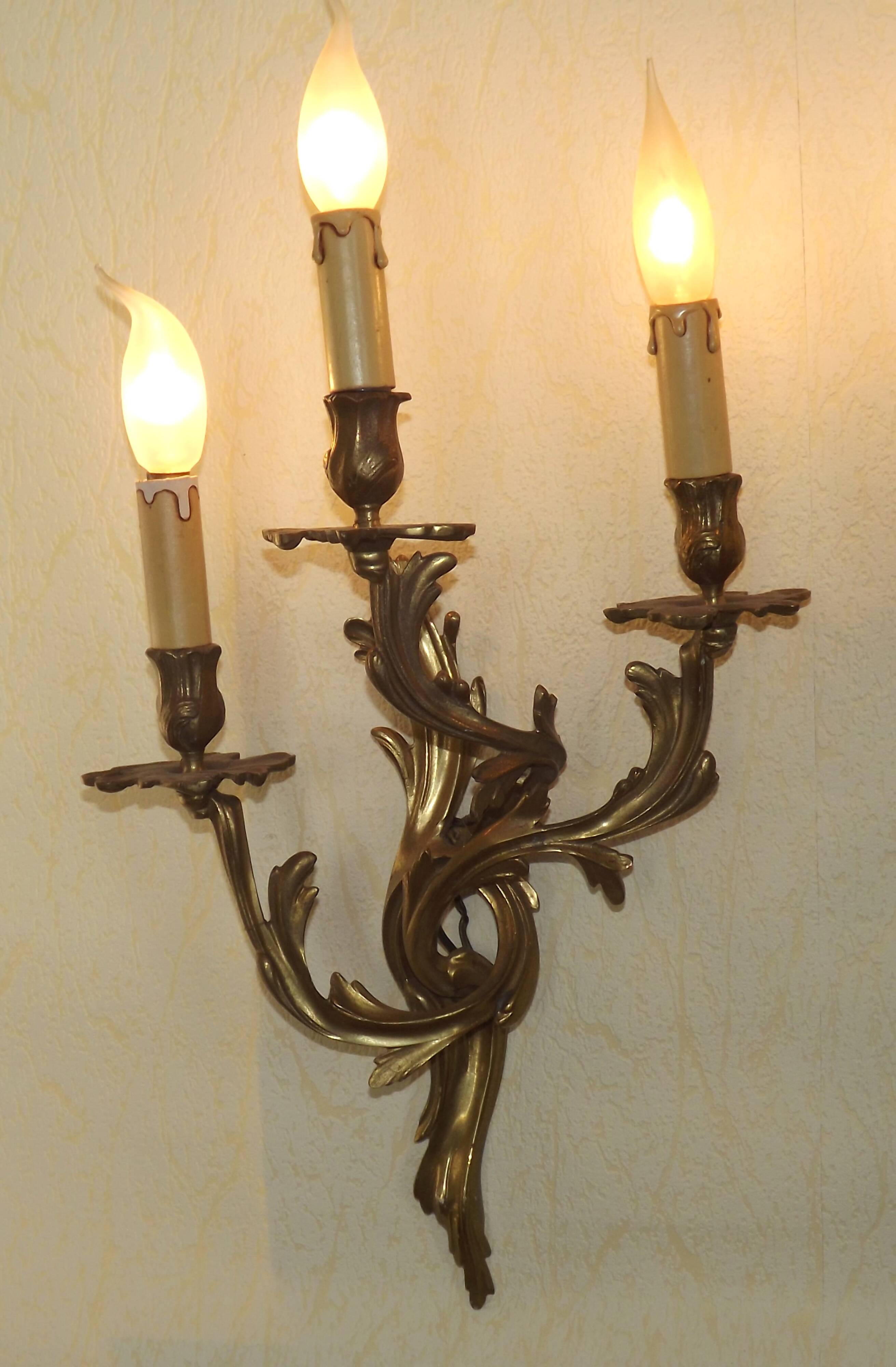 Very large pair of early 1900s 3-light acanthus leaf wall sconces 5209