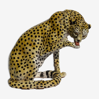 Terracotta ceramic cheetah or leopard statue, 1950s