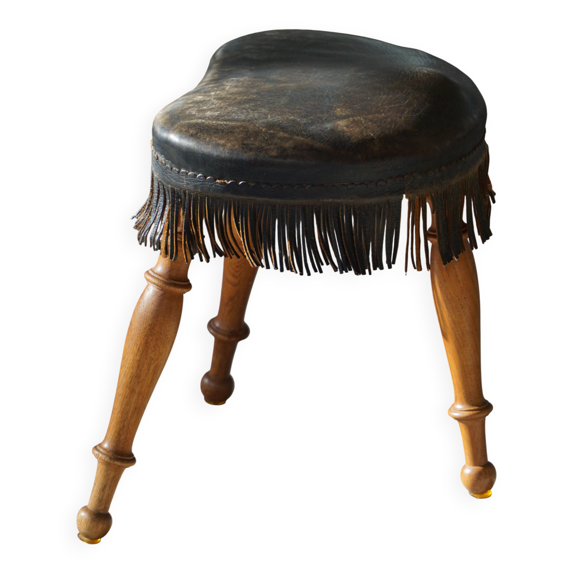 Danish oak tripod stool from the early 20th century with leather fringe, 1930s.