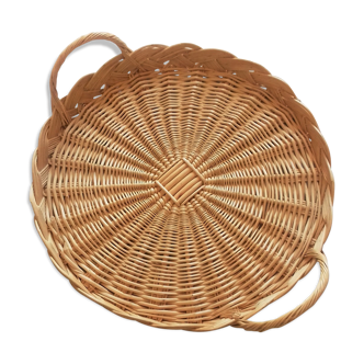 Two-handled vintage round wicker platter