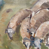 Old painting oil on canvas mountain and shepherd