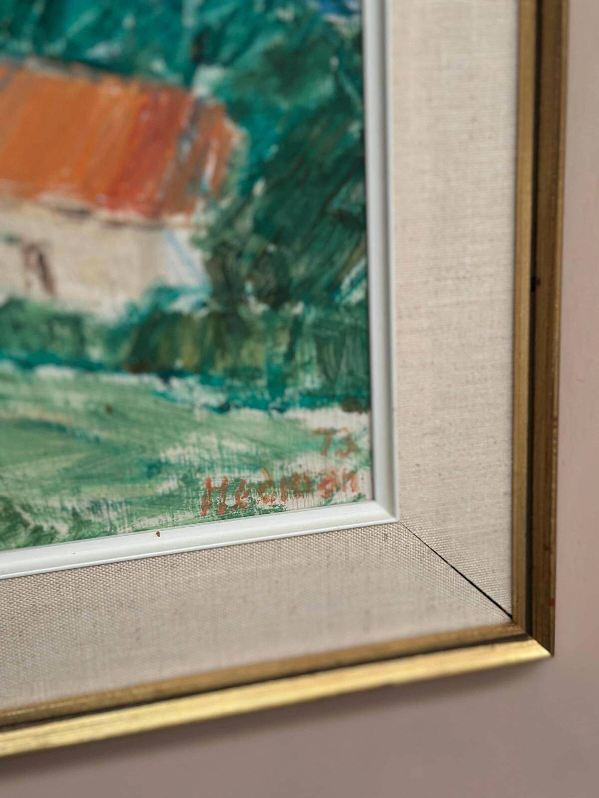 Huile sur panneau originale suédoise – « Côte » par Jon Hedman datée de 73 – Vintage et encadrée – 70 × 51 cm (27,6" × 20,1")