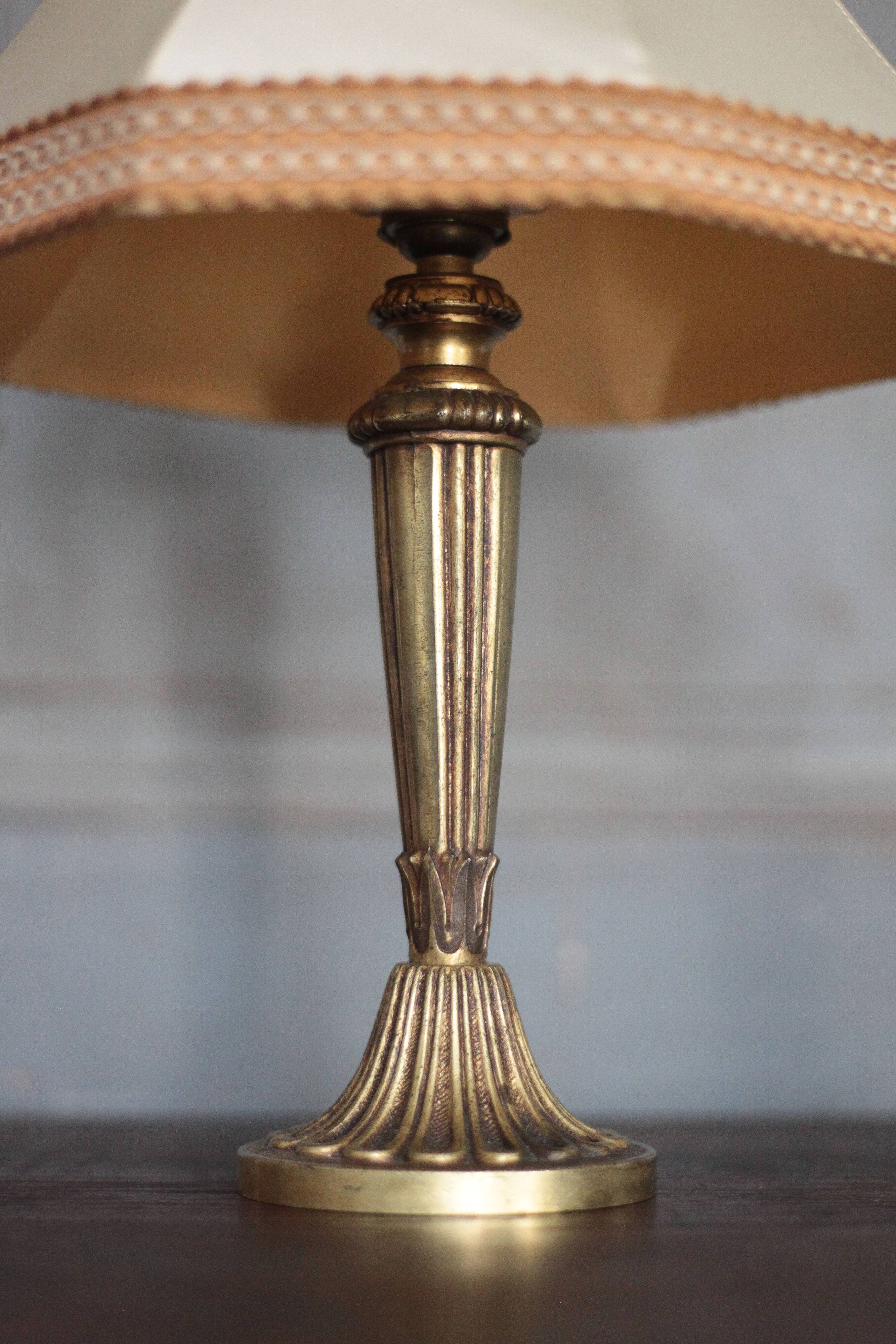 Pair of bronze lamps with fabric shades, bedside lamp.