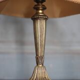 Pair of bronze lamps with fabric shades, bedside lamp.