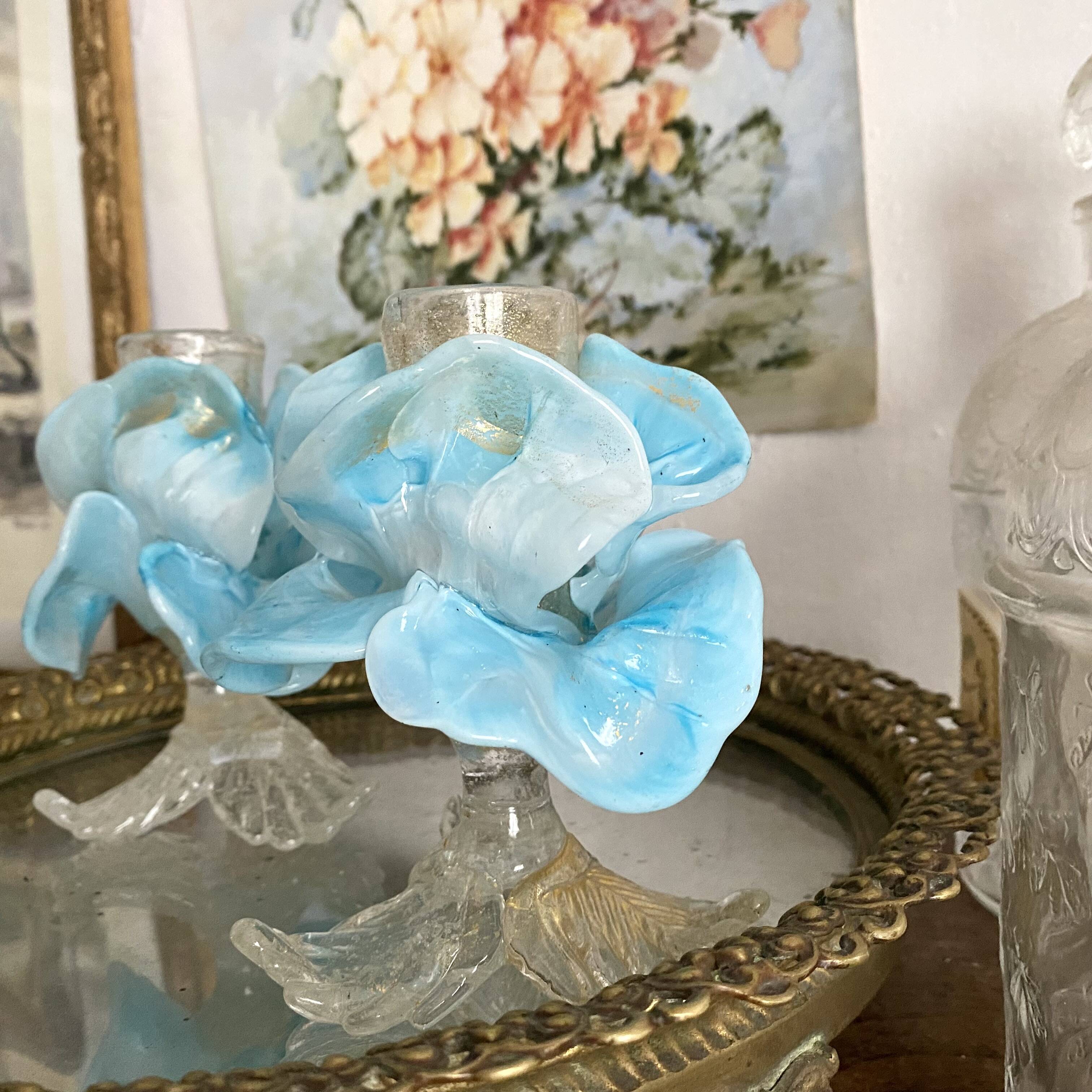 Pair of Murano glass candlesticks, iris flowers, 1960s