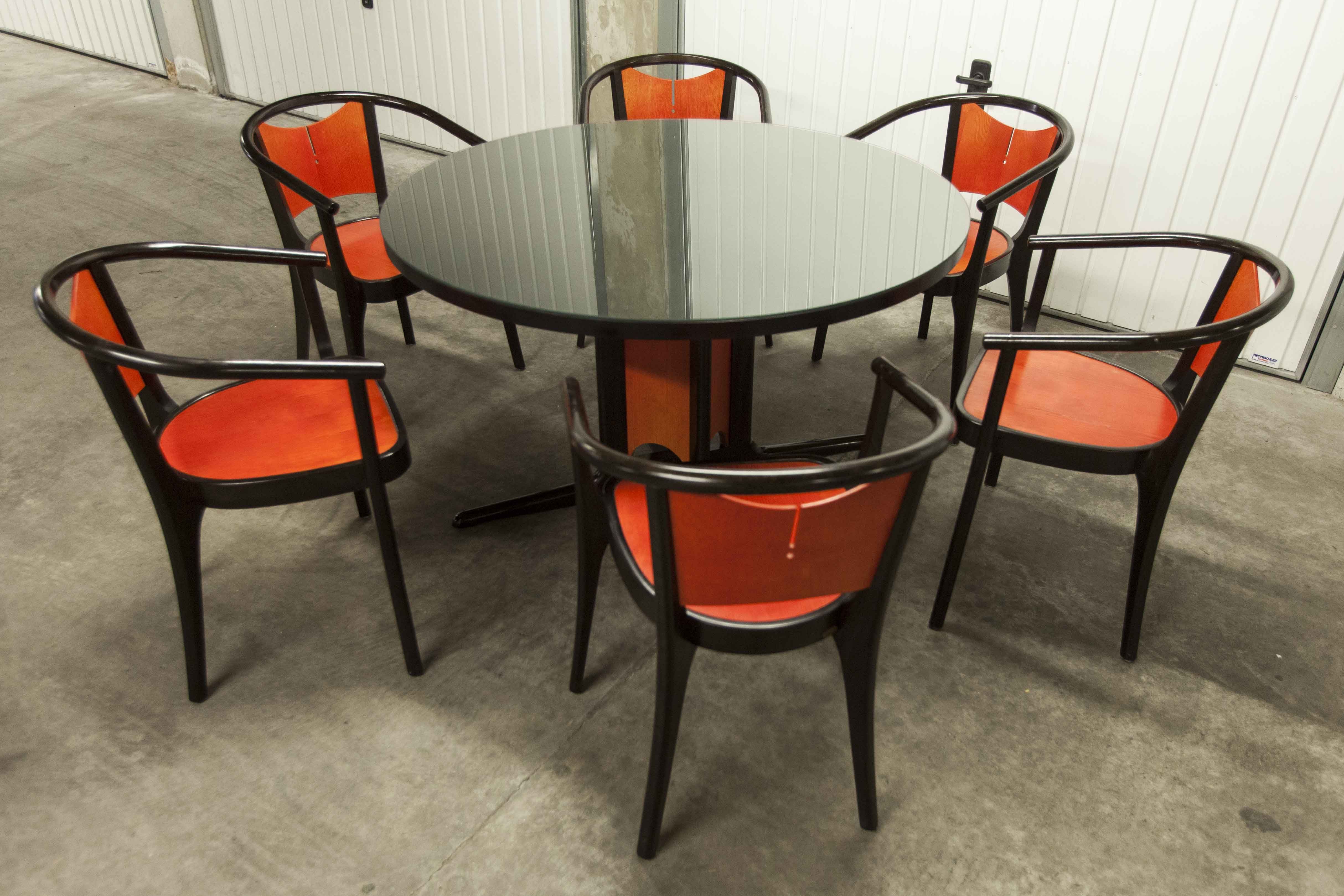 Table and 6 armchairs Baumann Diese, design Pagnon Pelhaître, Wenge color and red,
