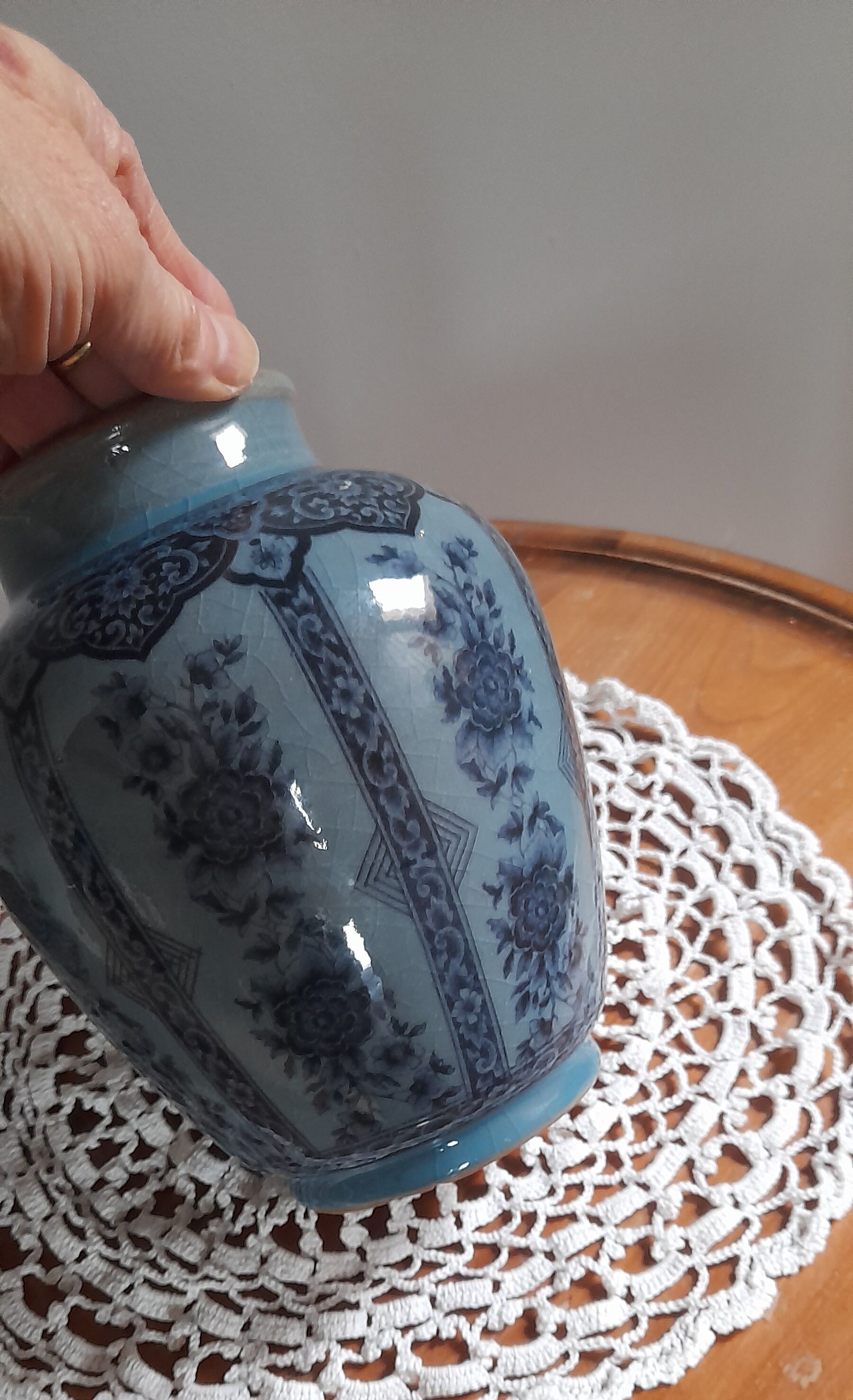 Decorative vase in blue glazed ceramic with floral decoration and arabesques, circa 1930