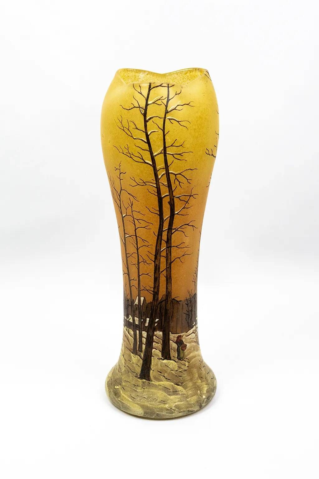 Art Nouveau vase DLG Legras, winter landscape painted with enamels, circa 1900.