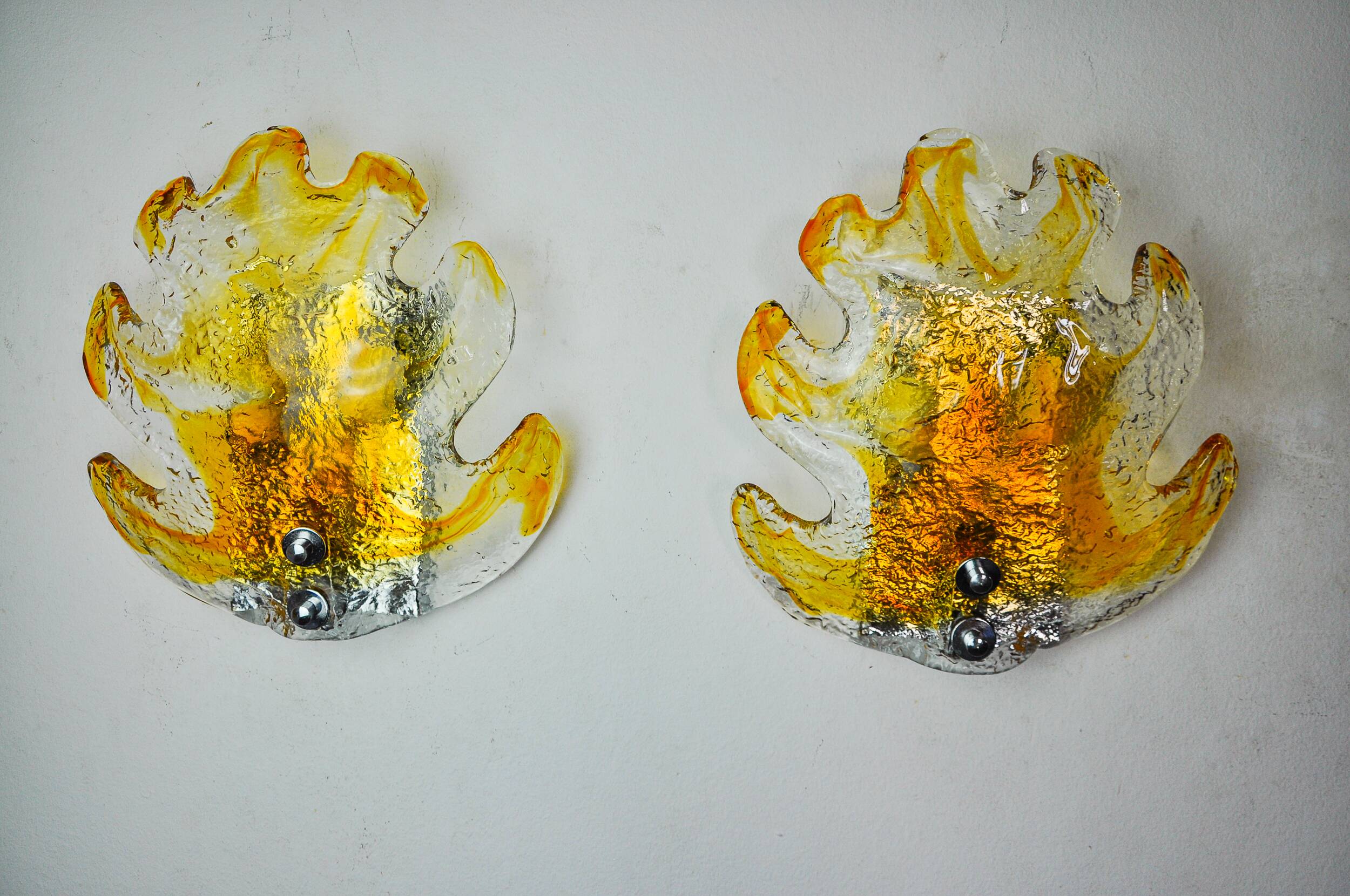 Pair of "leaf" wall lights by Murano Mazzega in orange frosted glass Italy 1970