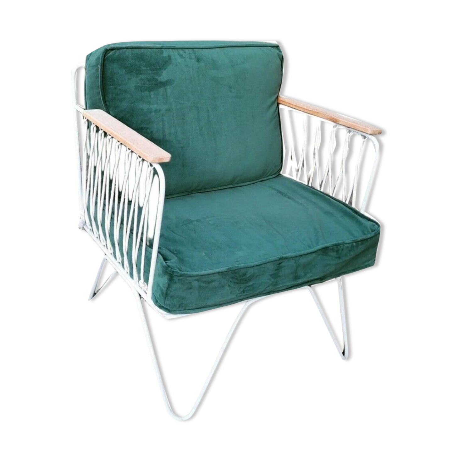 Fauteuil croisette en fer forgé avec coussins en velours vert