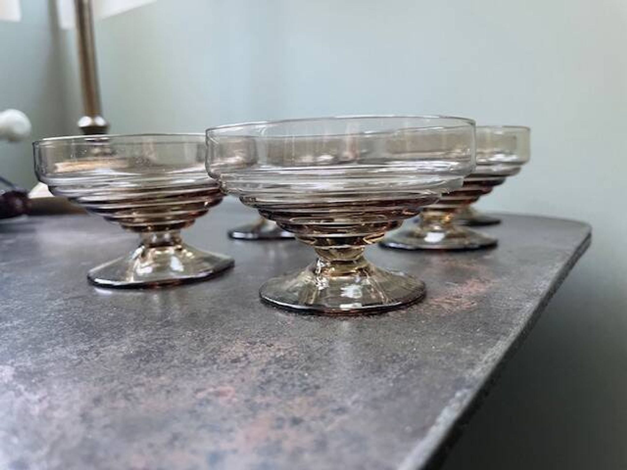 6 vintage ice cream coupes, blown glass brown fruit