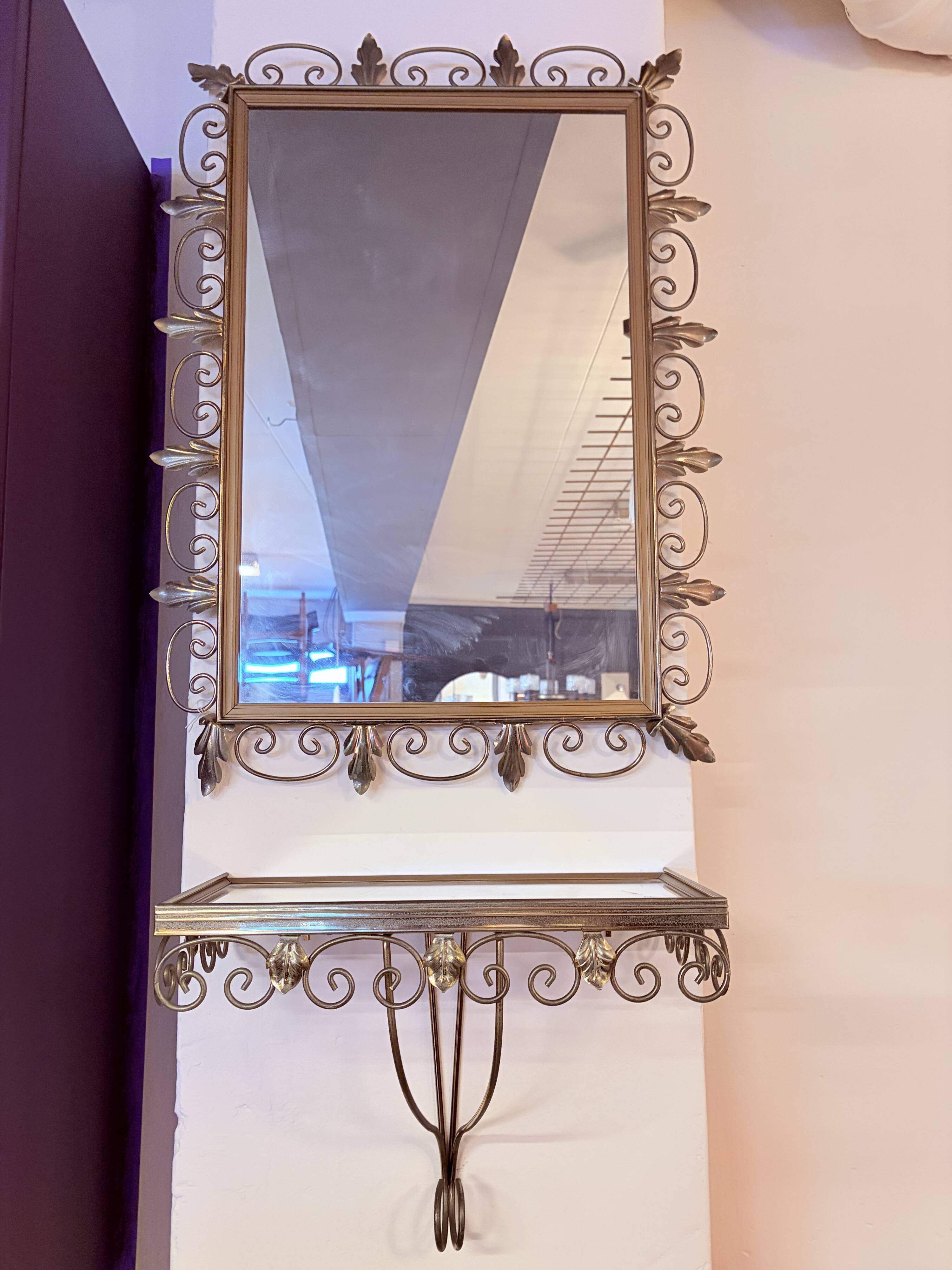 Vintage brass Deknudt mirror with shelf, 1970s