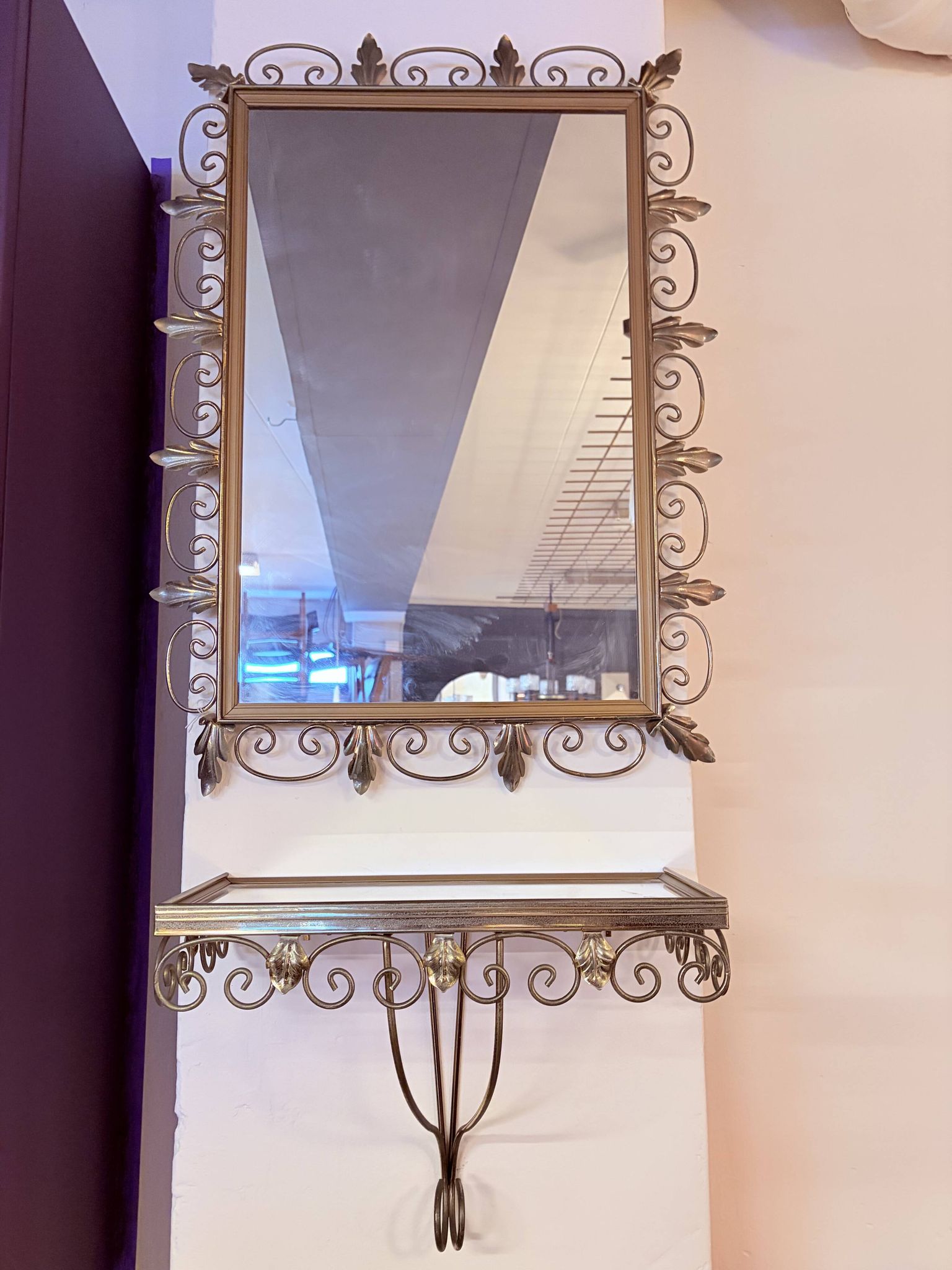 Miroir en laiton vintage Deknudt avec étagère, années 1970