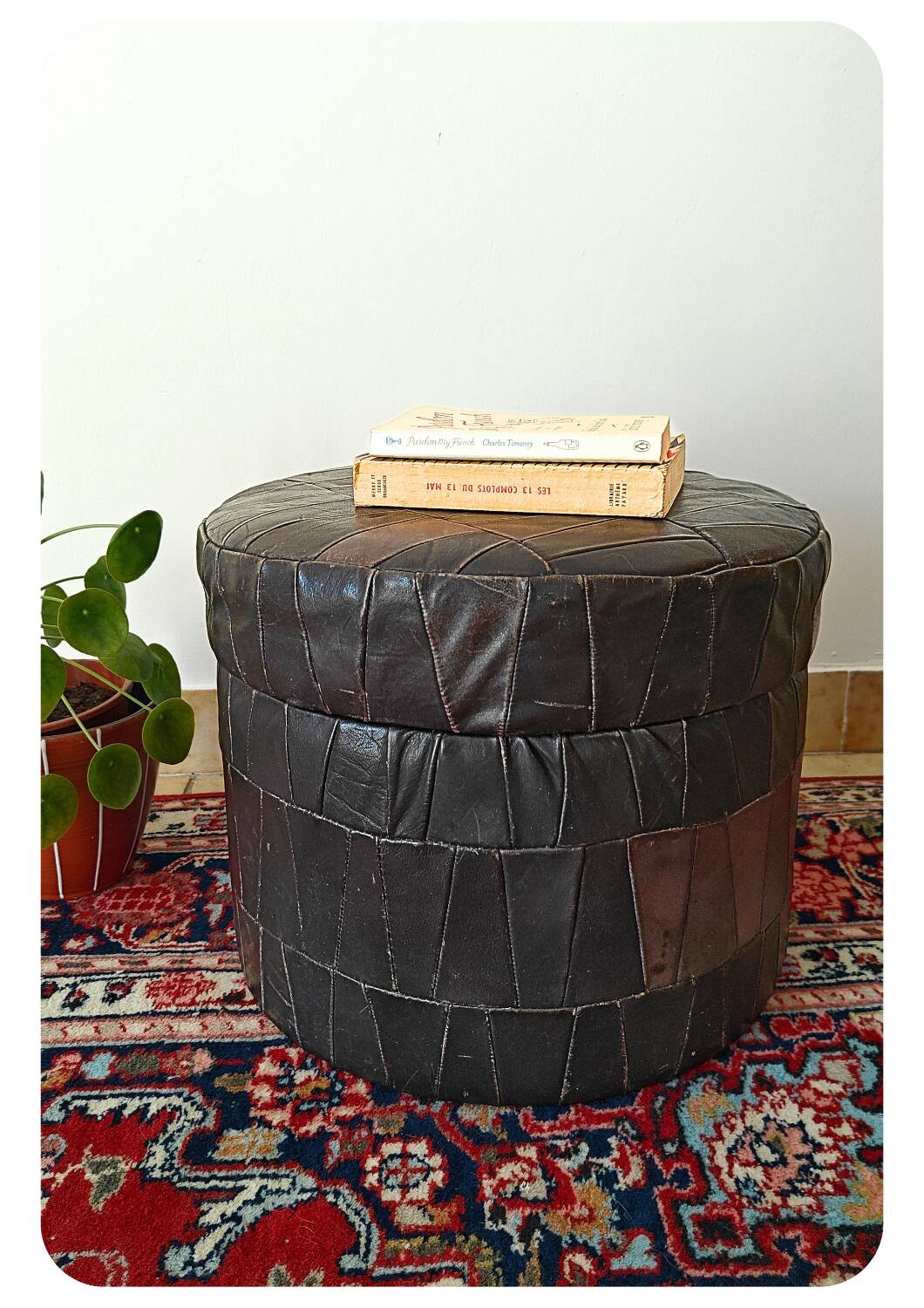 Pouf de rangement patchwork en cuir des années 1970