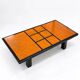 Vintage coffee table in wood burl and black lacquer, geometric inlay.