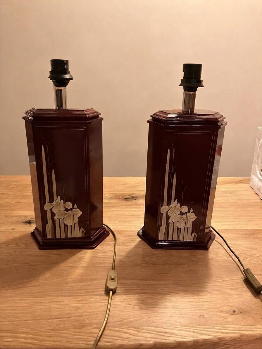 Pair of large vintage lacquered wooden lamps, Eric Maville style.