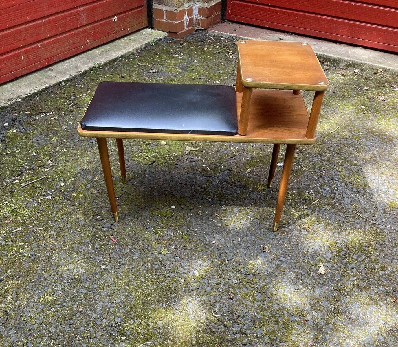 Vintage teak bench with black vinyl seat, 1960s, Czech Republic.