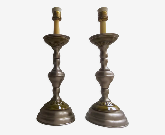 Paire de pieds de lampes de table en alliage métallique et céramique verte