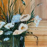 Tableau ancien, nature morte au vase et verre fleuris, signé,XX siècle