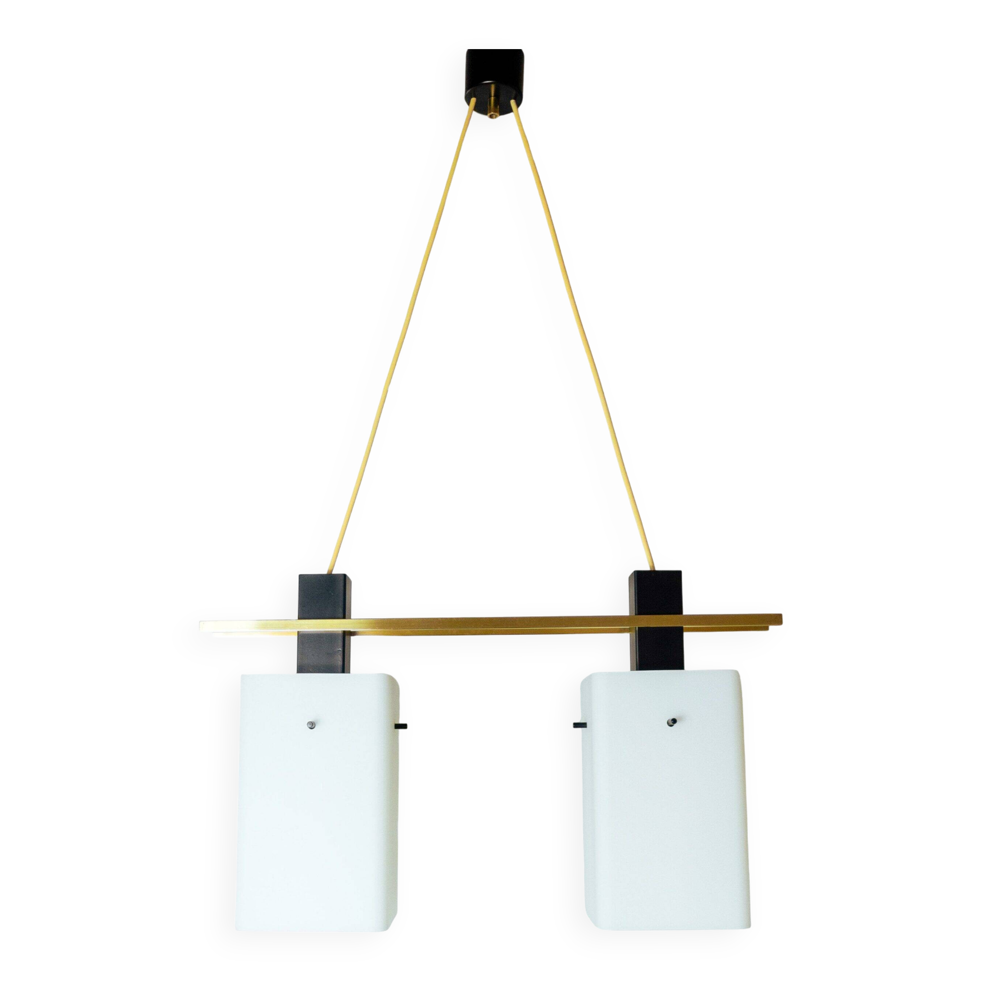 1960s Italian Stilnovo ceiling pendant with opaline glass shades and brass details