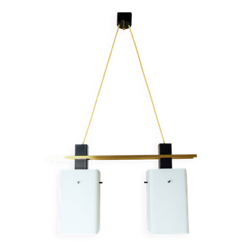 1960s Italian Stilnovo ceiling pendant with opaline glass shades and brass details