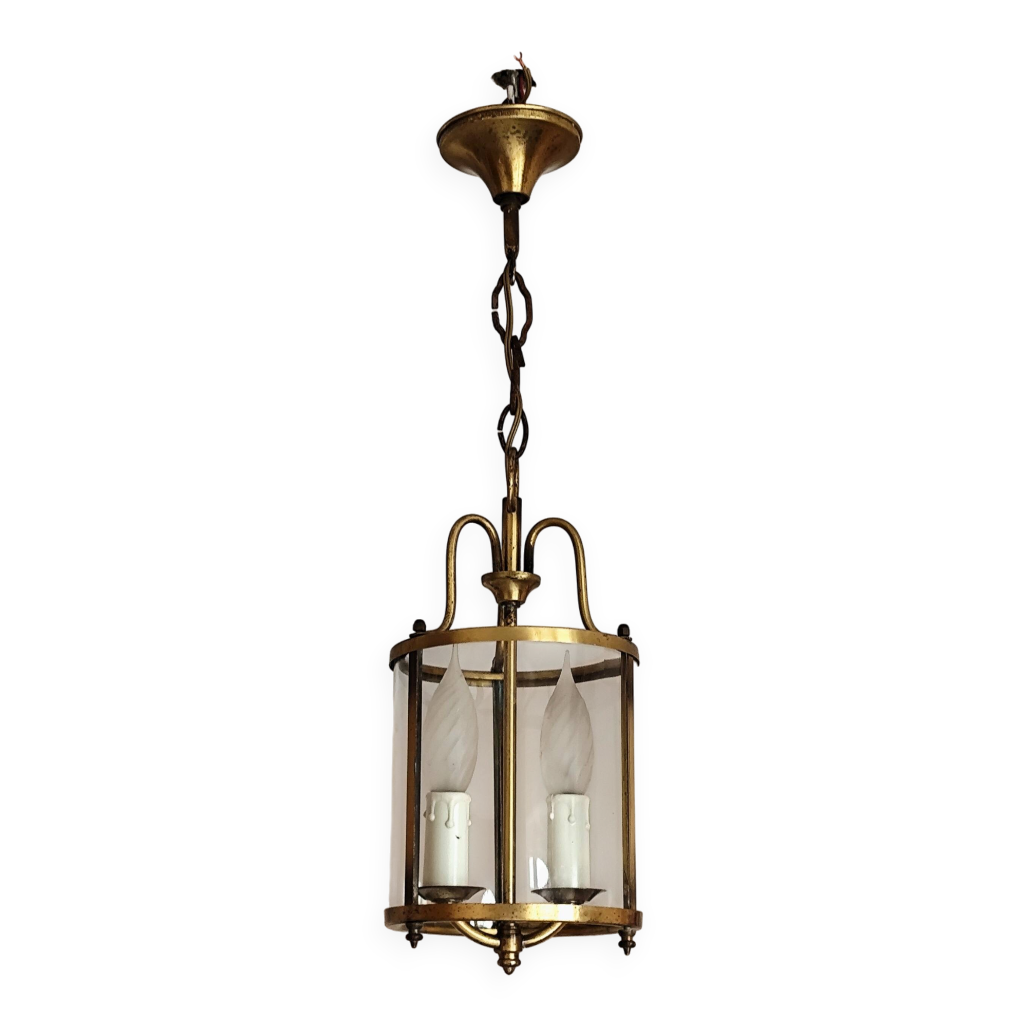 Cylindrical brass and glass lantern in Louis XVI style.