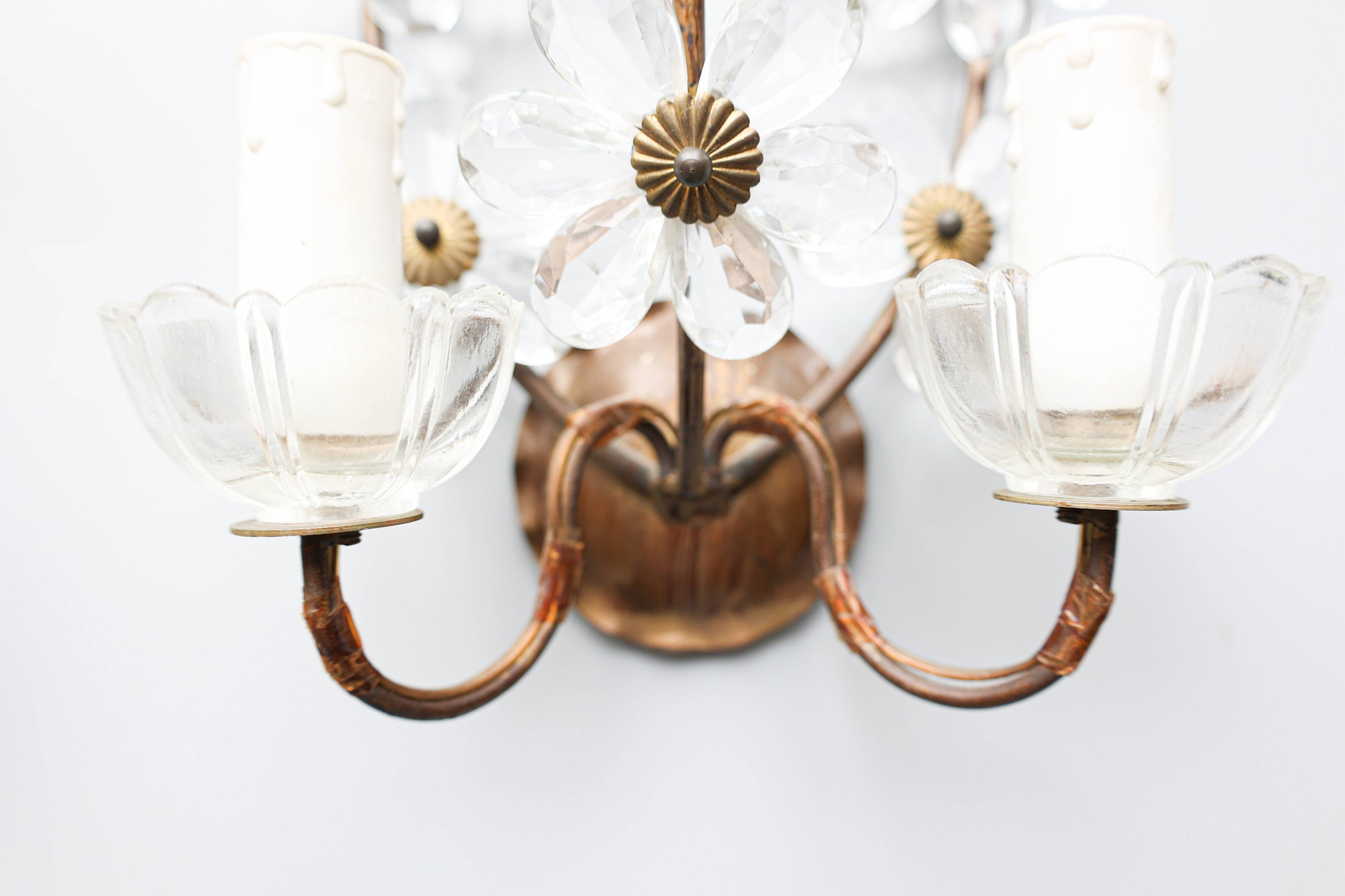 Set of 2 Banci Firenze wall sconces, brass / crystal glass 1950s, Italy.