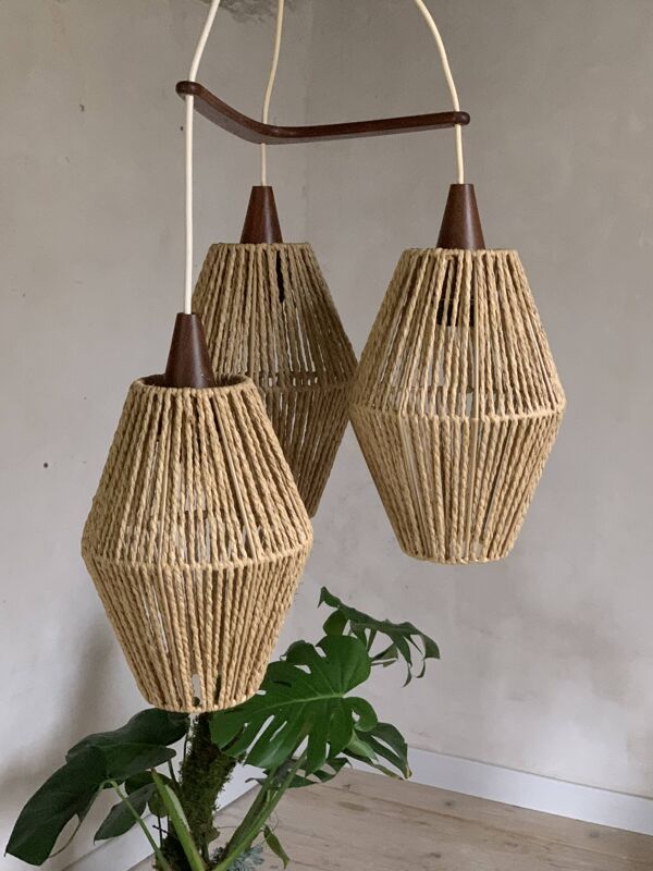 Suspension boomerang scandinave vintage teck et corde