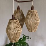 Vintage Scandinavian boomerang pendant light in teak and rope