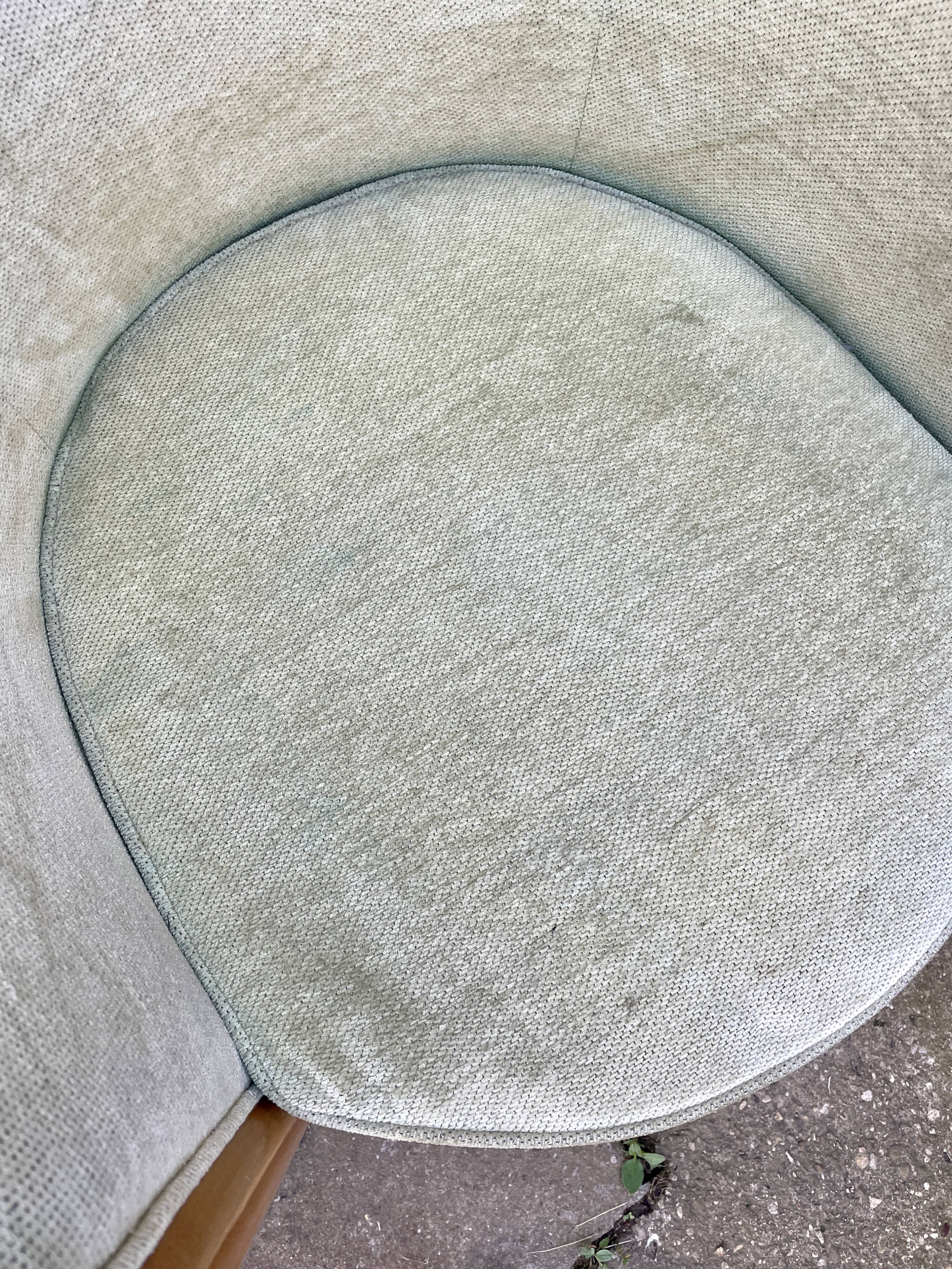 Pair of barrel-shaped armchairs in beech and almond green velvet by Maison Rosello
