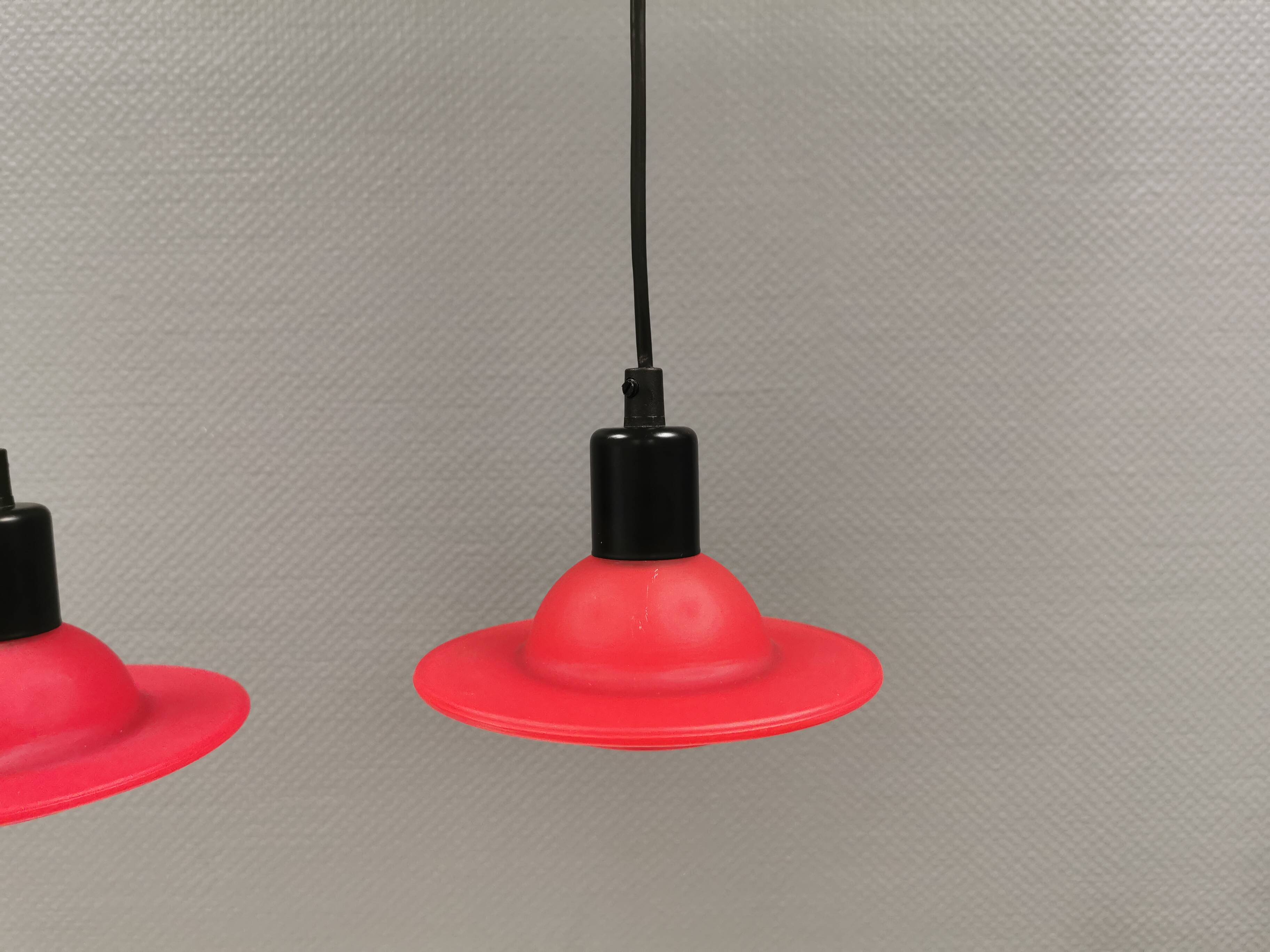Red UFO glass lamps from the early 90s, Danish and made by Design Light