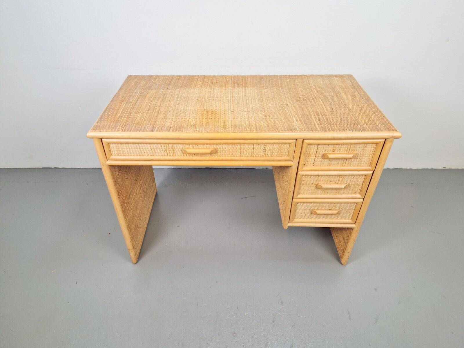 Vintage French Bamboo Rattan Desk with Drawers, 1970s