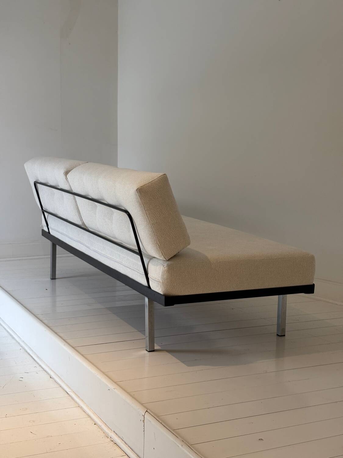 Modernist canapé design – Completely reupholstered in Pierre Frey fabric.