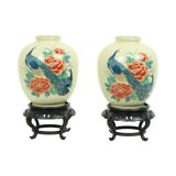 Pair of Japanese Vases Peacocks Flowers Crackle Ceramic 26cm