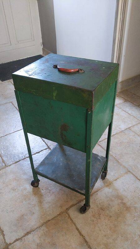 Industrial green metal bedside storage from the 50s