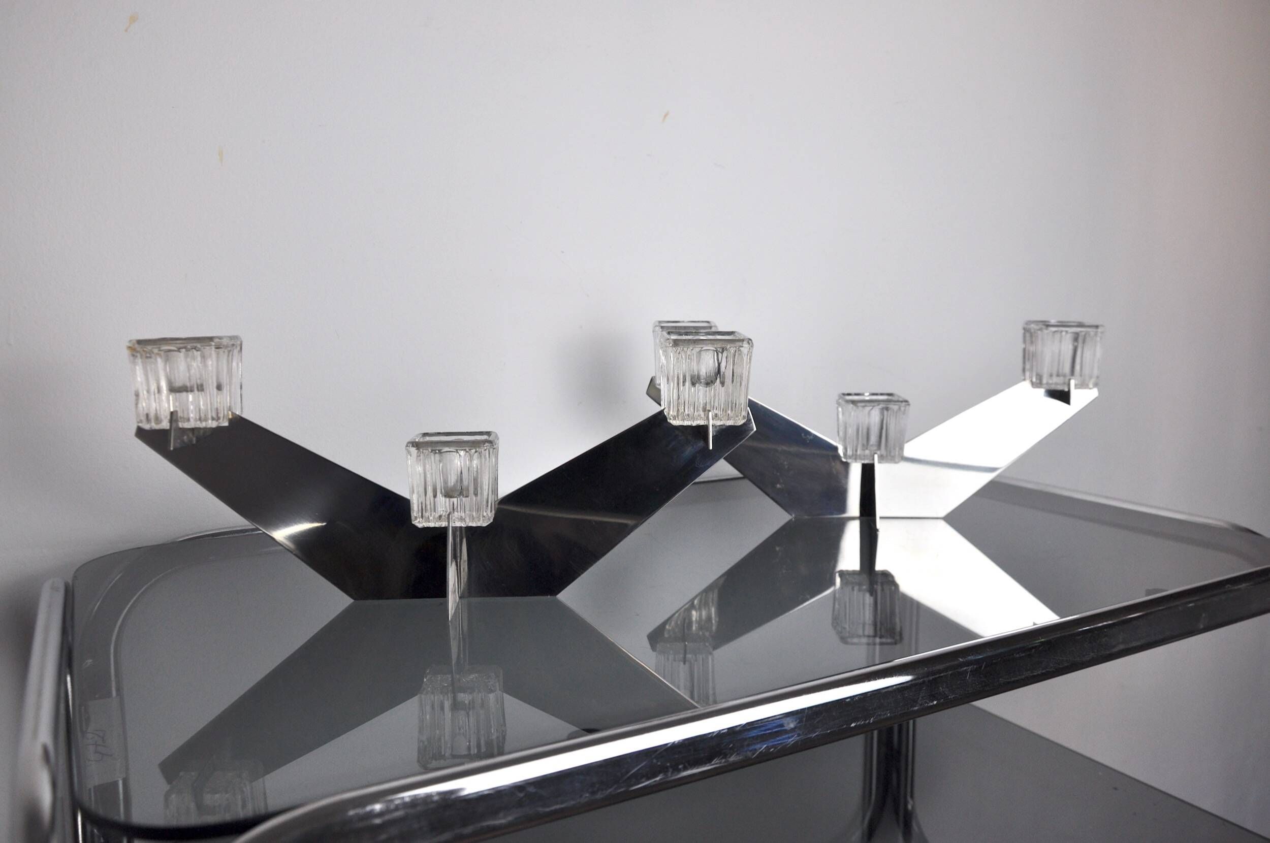 Pair of Peill & Putzler candlesticks, glass and metal, Germany, 1970
