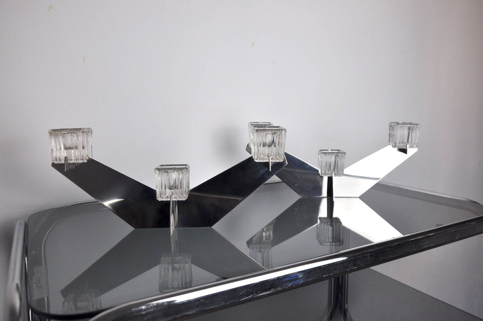 Pair of Peill & Putzler candlesticks, glass and metal, Germany, 1970