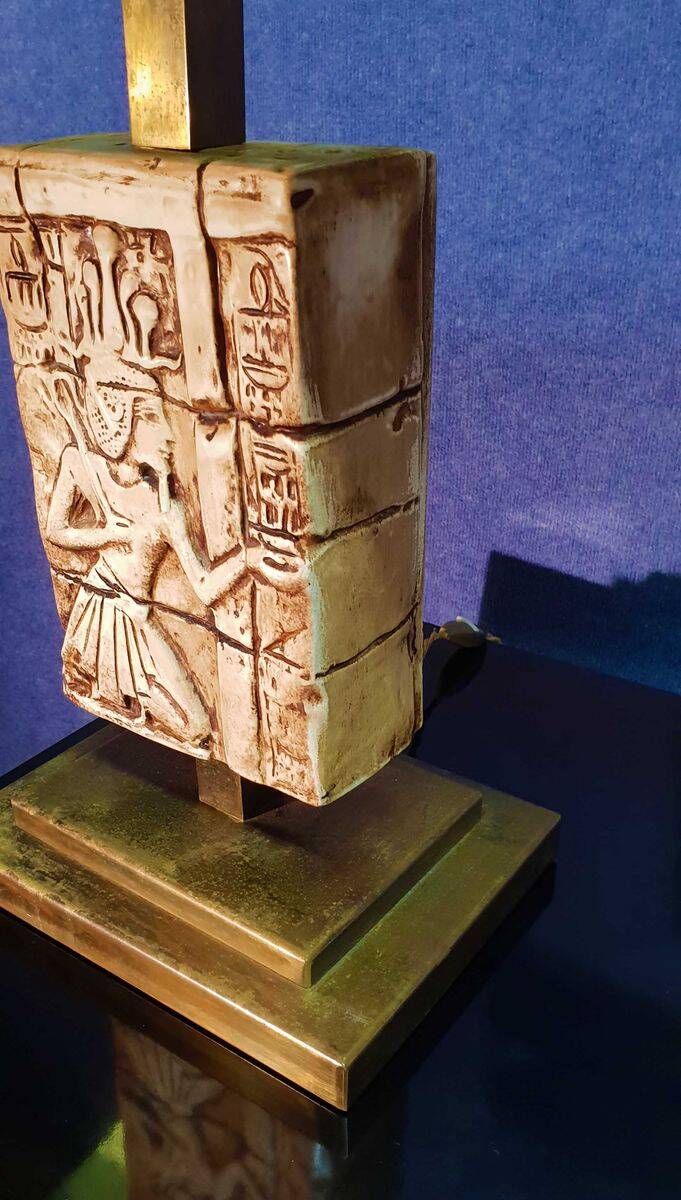 Vintage "Egyptomania" lamp in ceramic and patinated brass