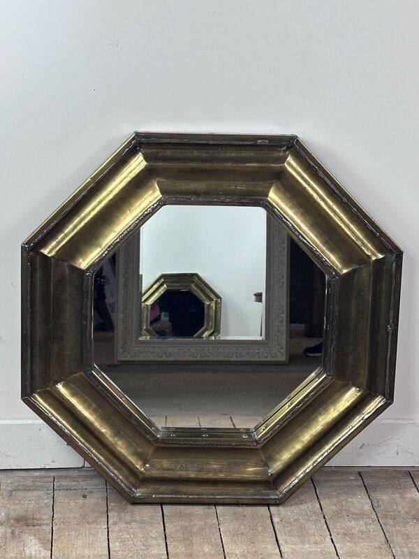 Miroir octogonal laiton et étain vintage 1960