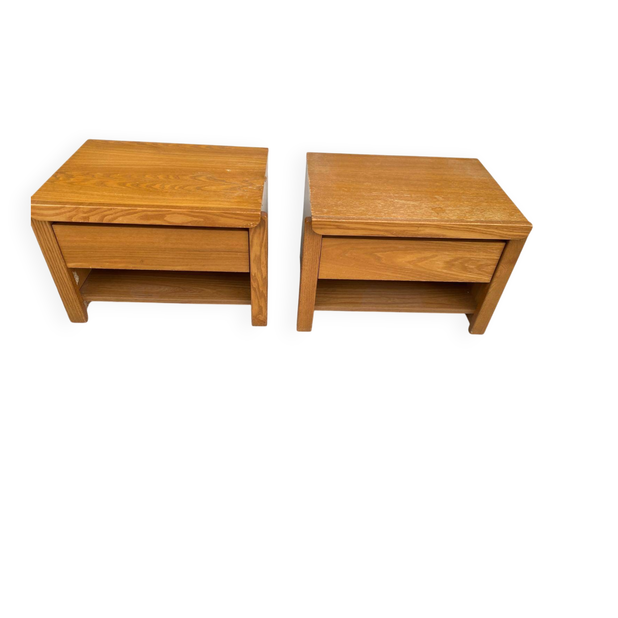 2 vintage 70s Scandinavian style bedside tables in honey oak.