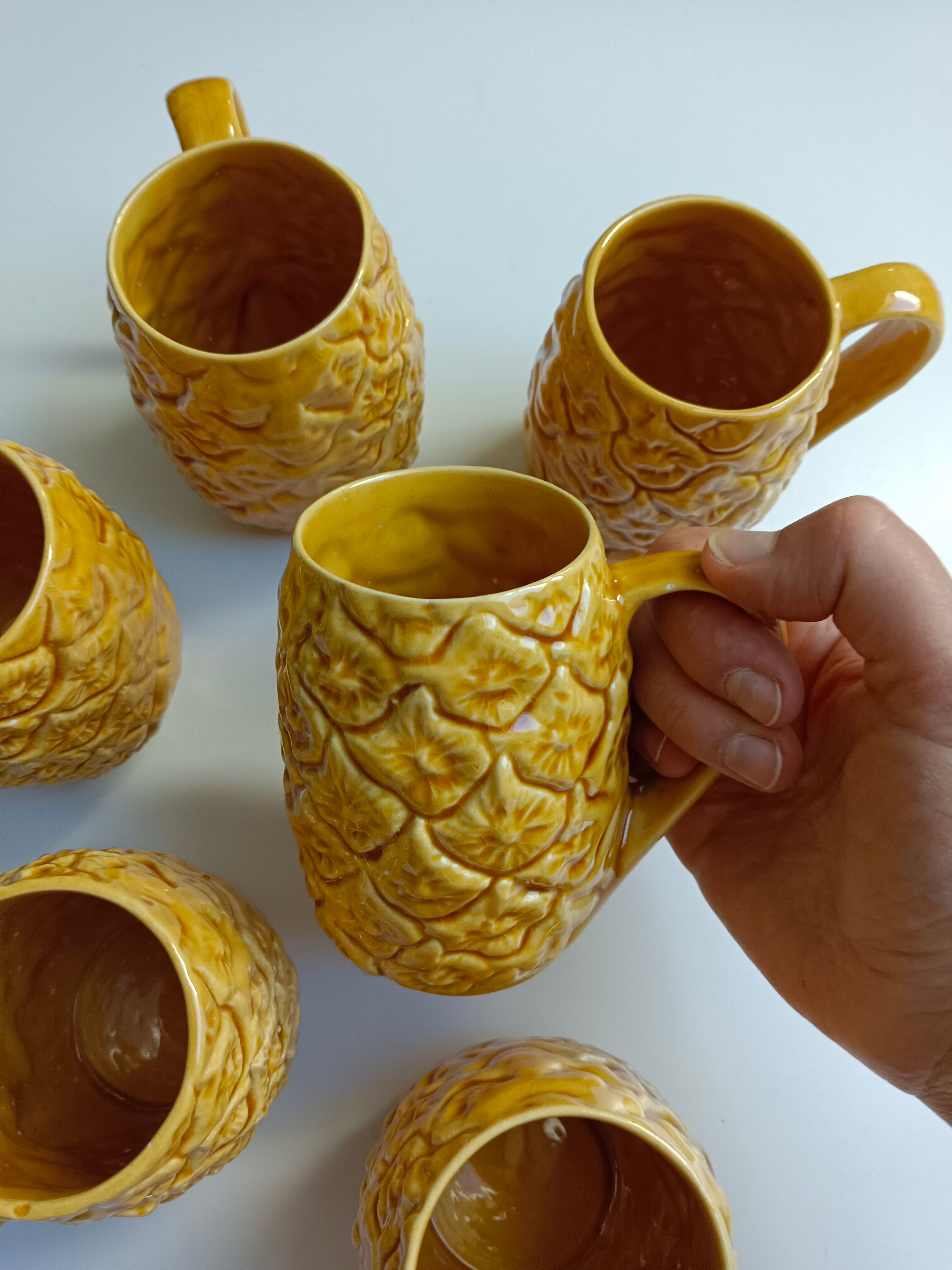 Handmade yellow pineapple mugs signed Kerangol made in Portugal.