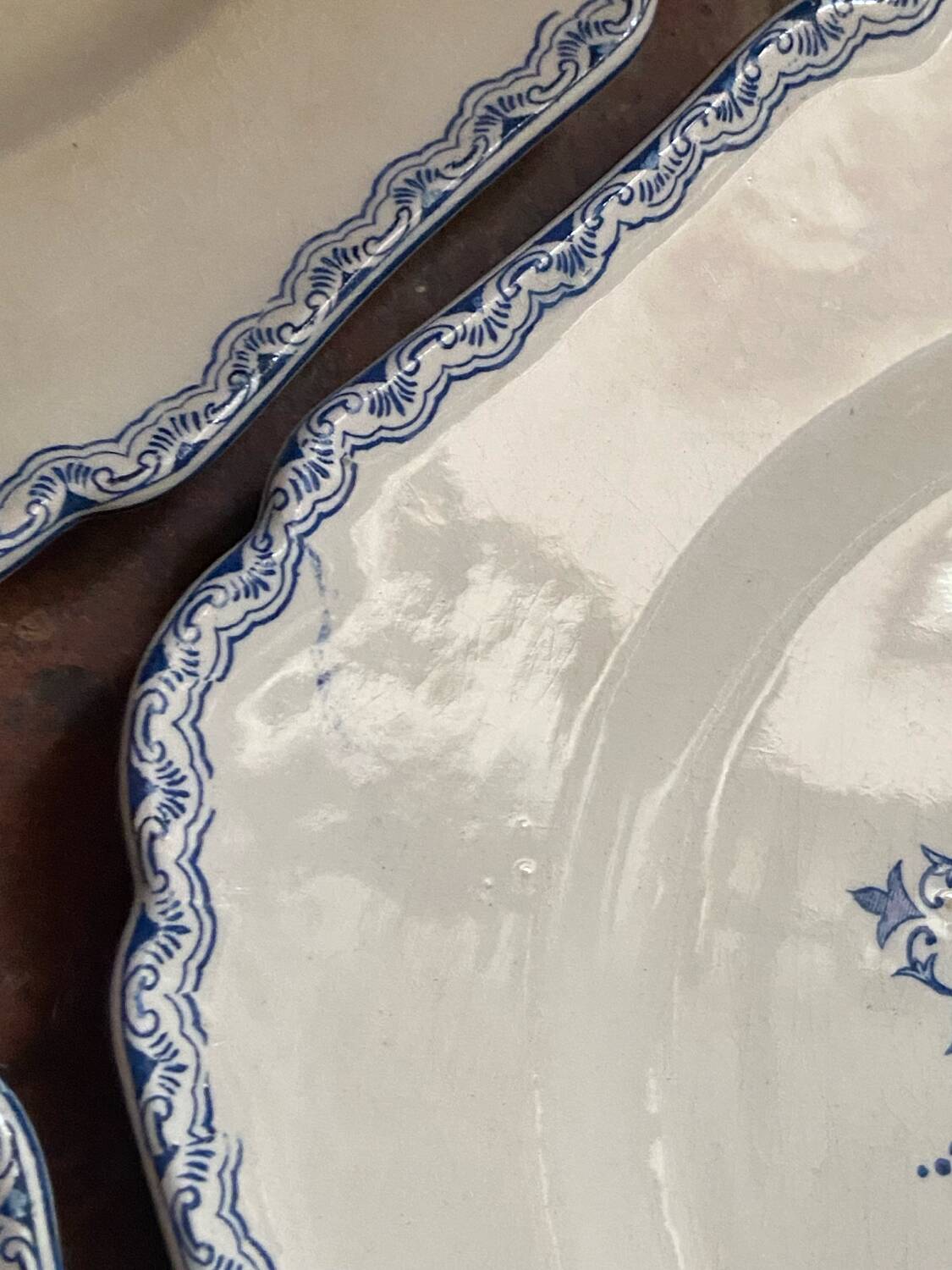 Set of 10 antique 6-sided flat plates – late 19th century earthenware, oriental light blue decor