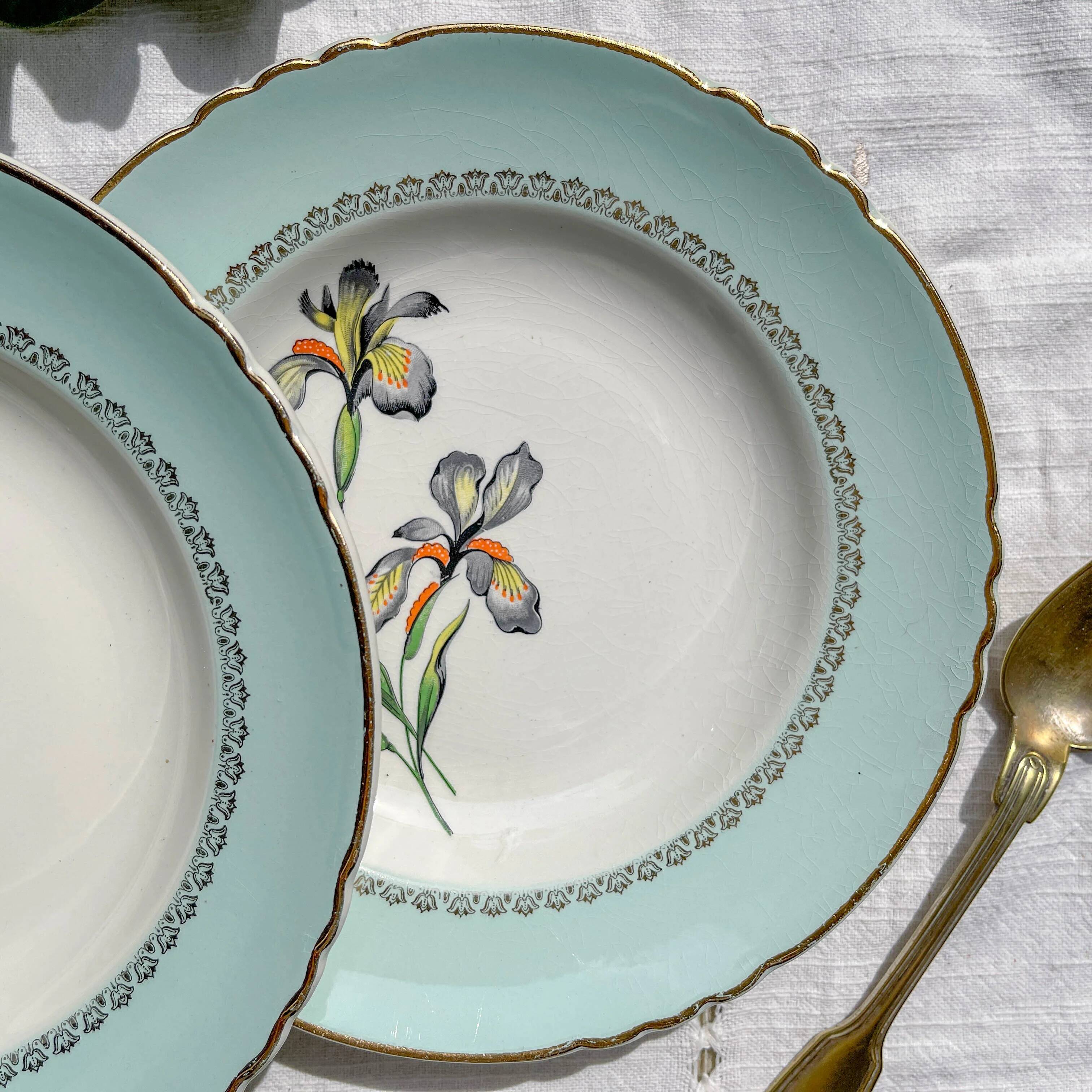 6 vintage white and green porcelain soup plates Iris Moulin des Loups "Sargosse" 1950s